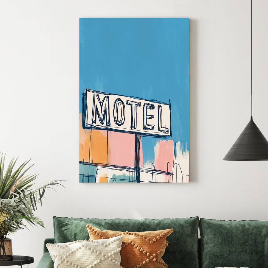 retro motel sign wall art with colourful pastel background
