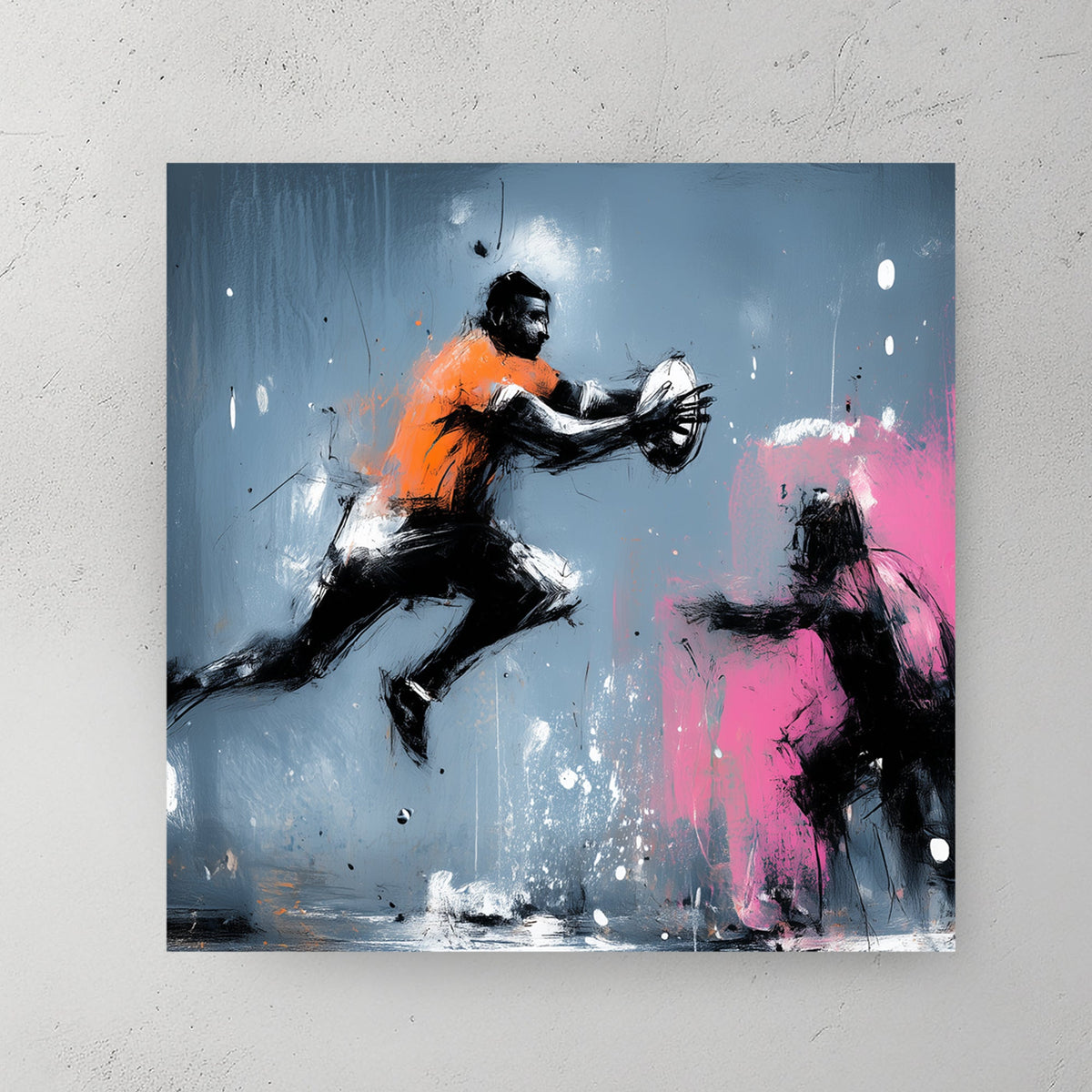 rugby player in motion wall art with bold paint splashes