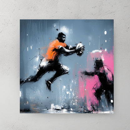 rugby player in motion wall art with bold paint splashes