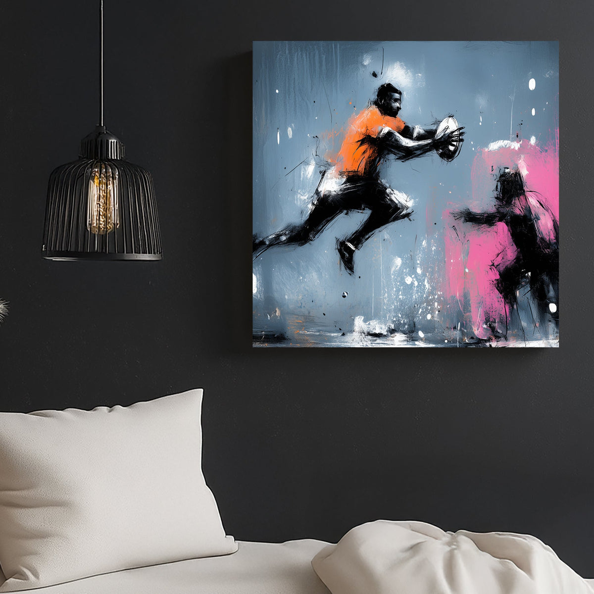 rugby player in motion wall art with bold paint splashes