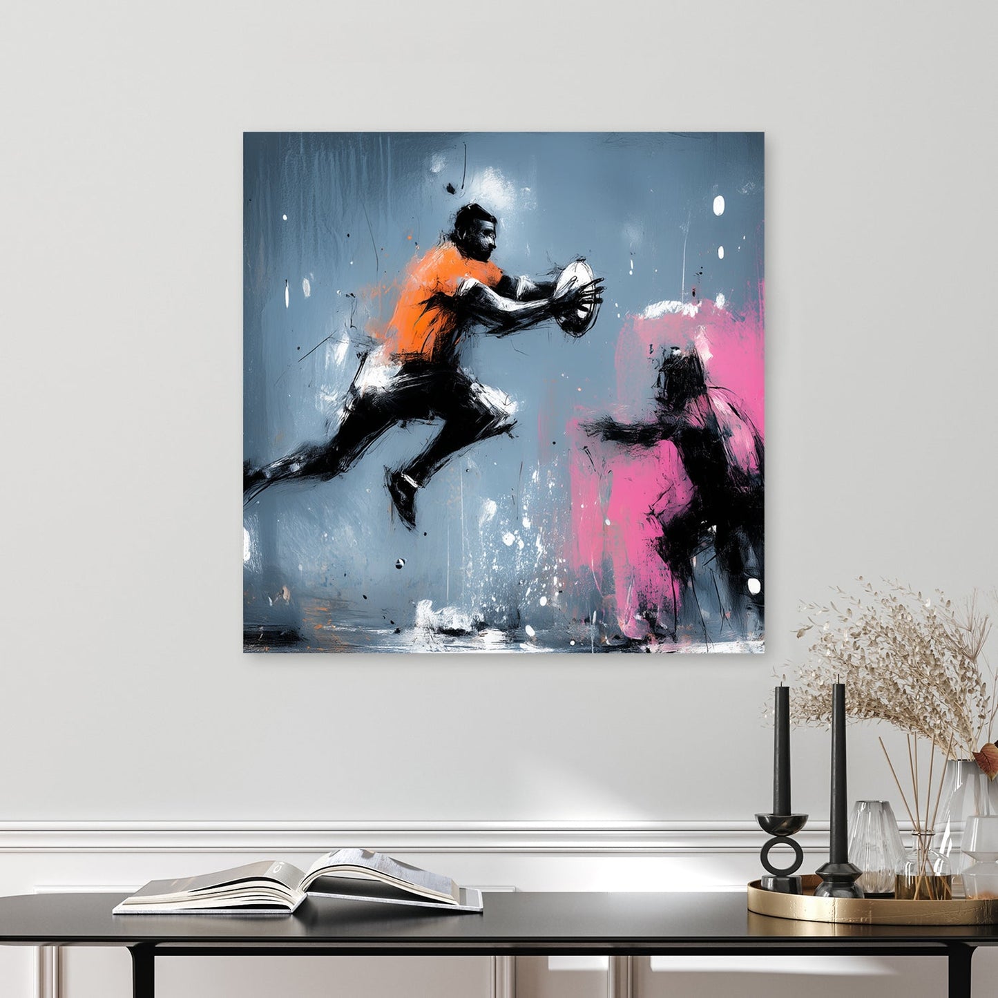 rugby player in motion wall art with bold paint splashes