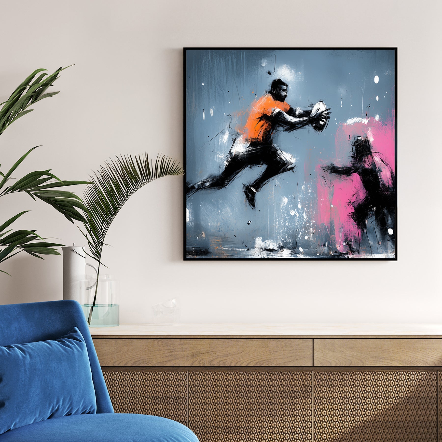 rugby player in motion wall art with bold paint splashes