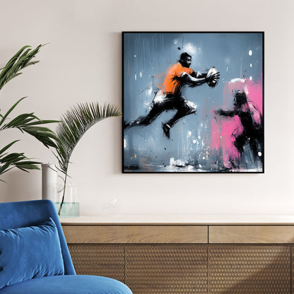rugby player in motion wall art with bold paint splashes