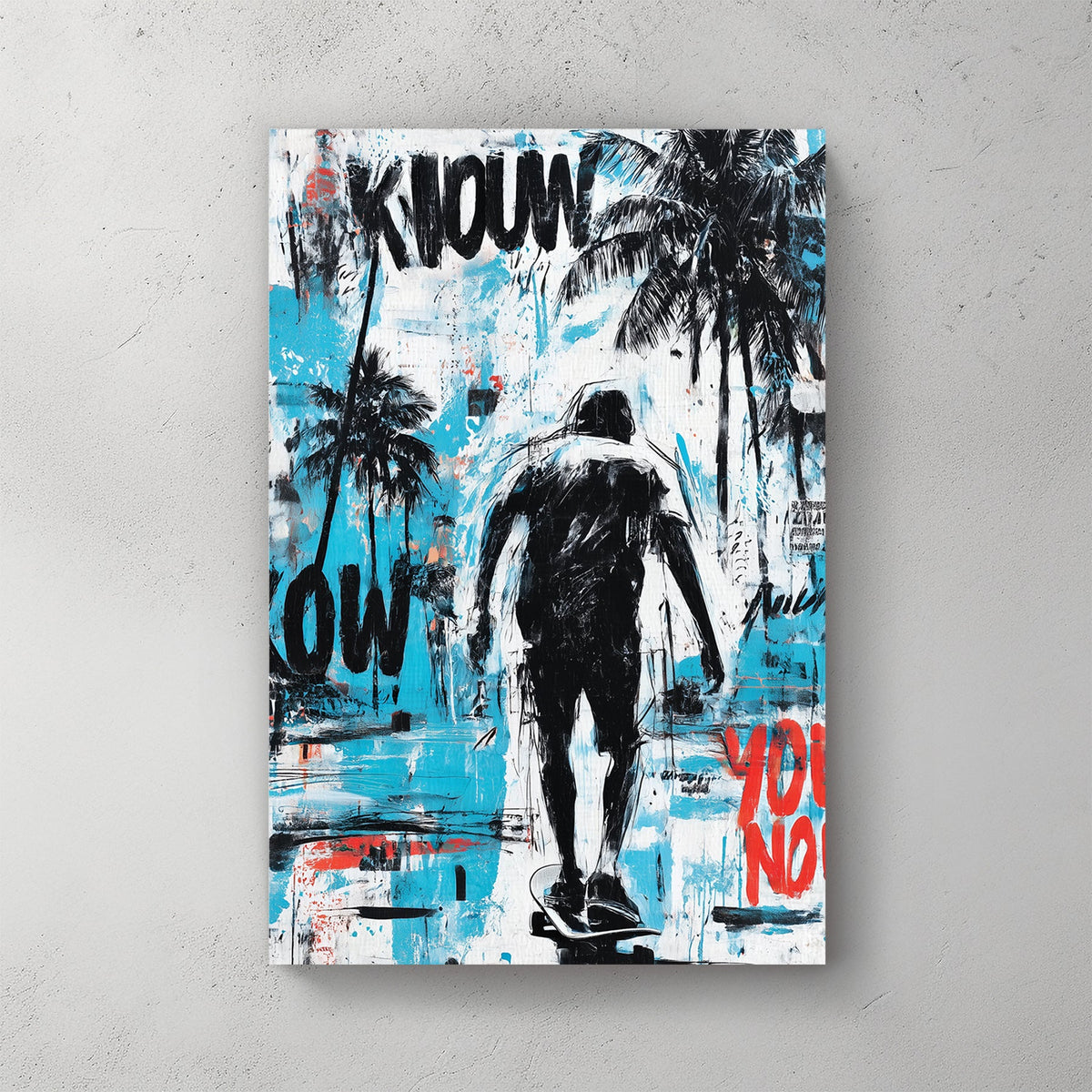 skateboarding wall art with palm trees and graffiti style elements
