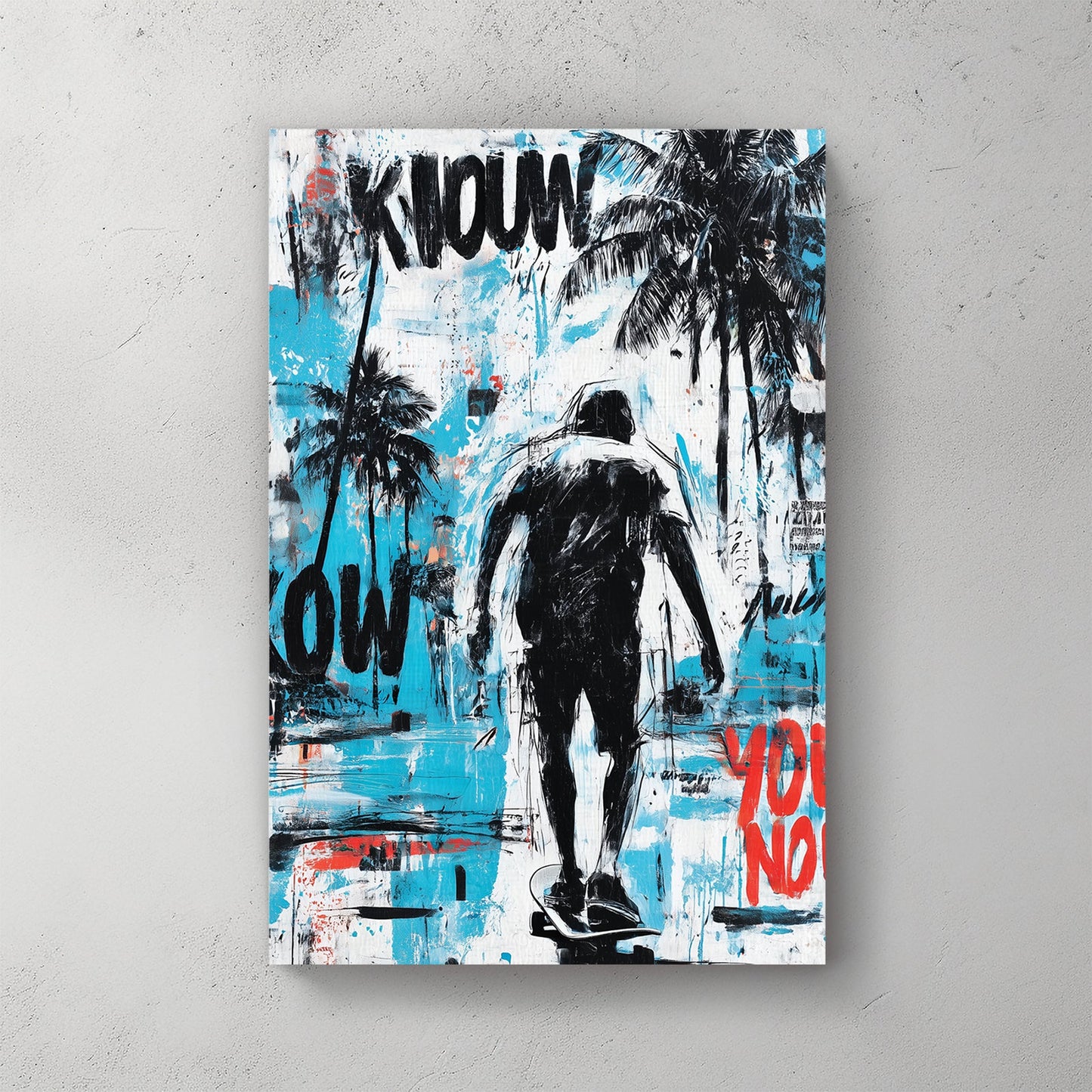 skateboarding wall art with palm trees and graffiti style elements