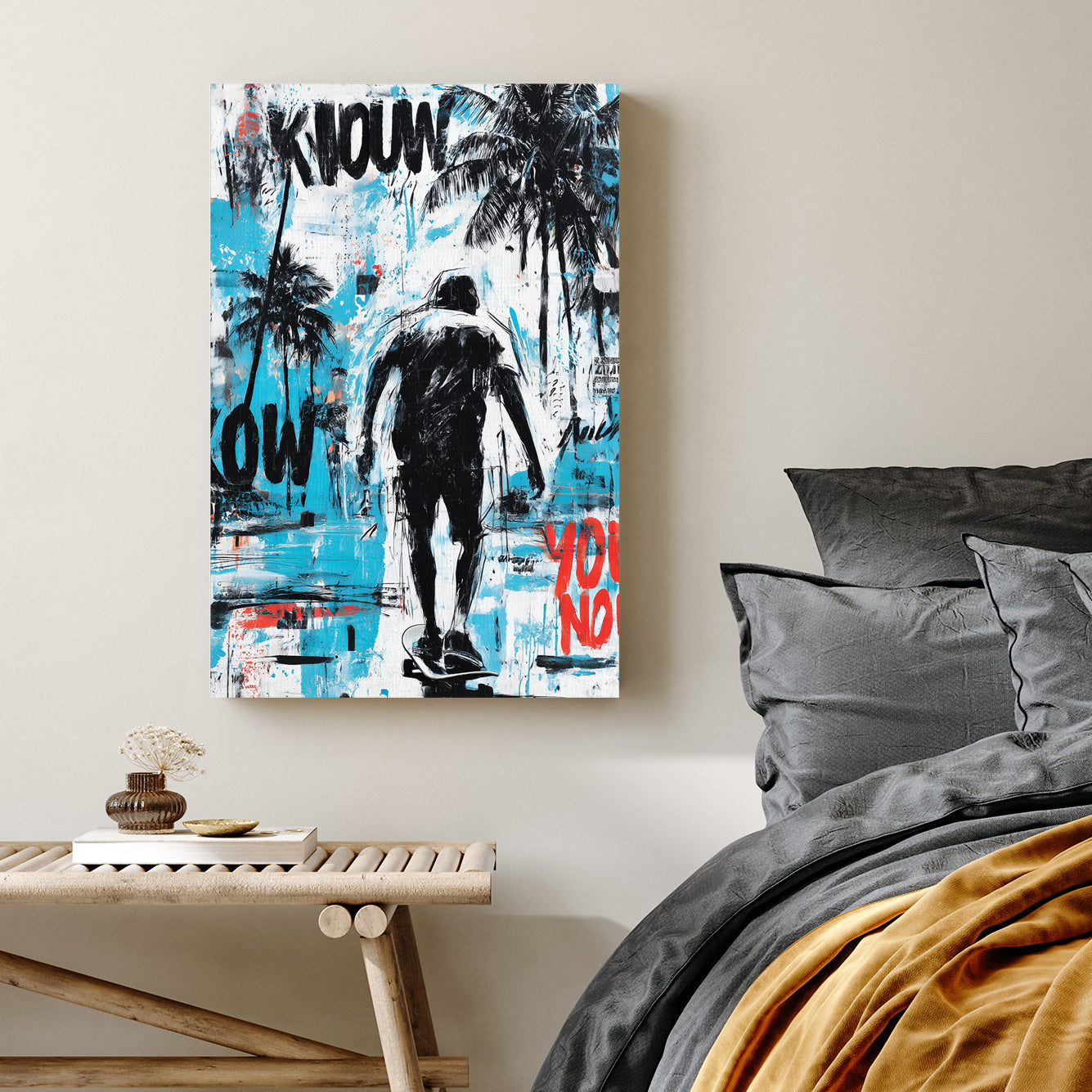 skateboarding wall art with palm trees and graffiti style elements