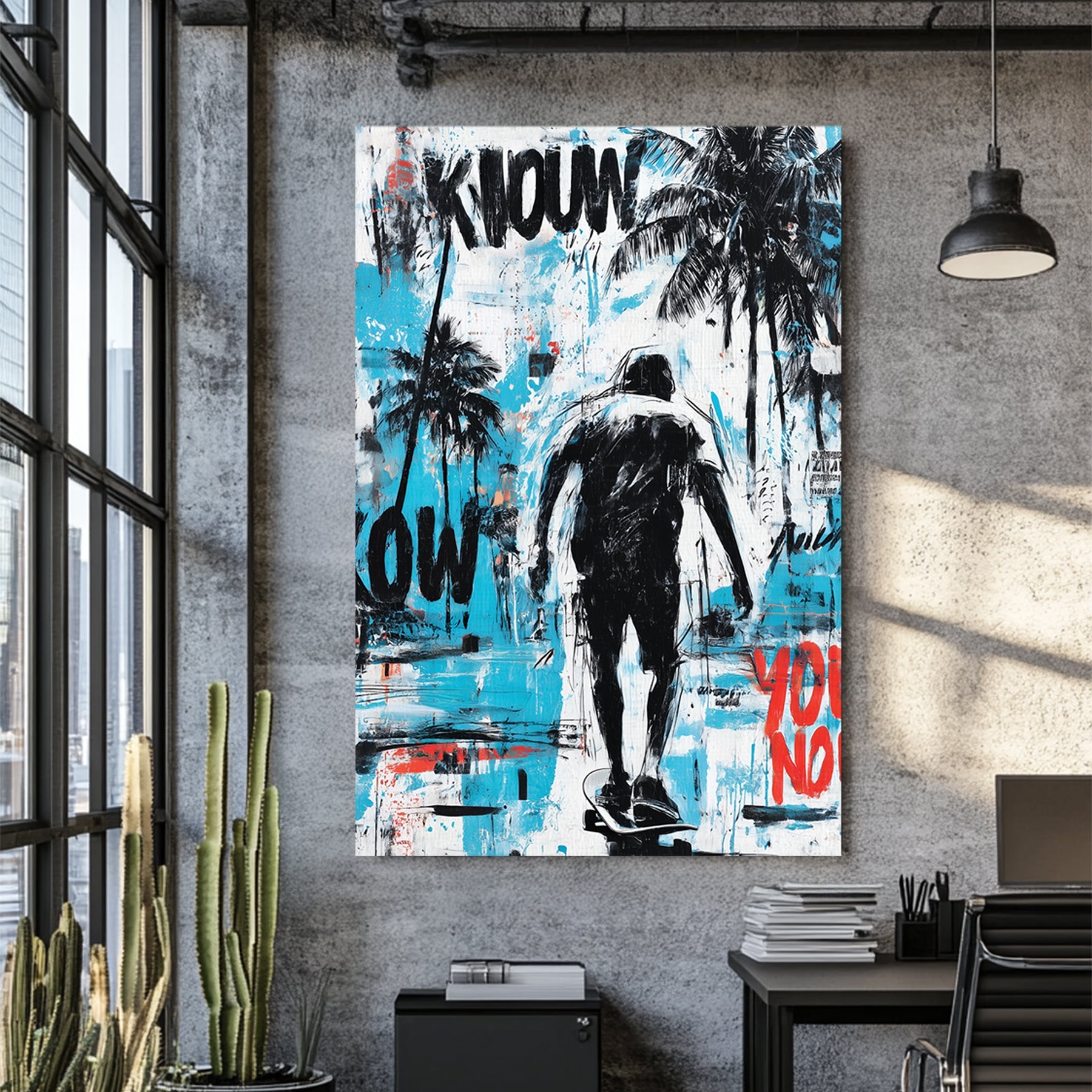 skateboarding wall art with palm trees and graffiti style elements