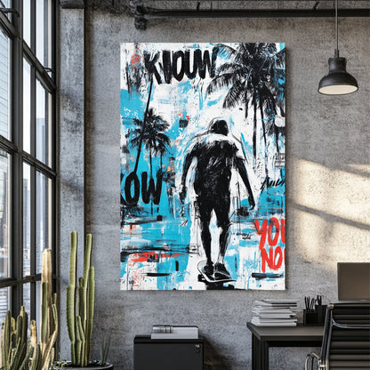 skateboarding wall art with palm trees and graffiti style elements