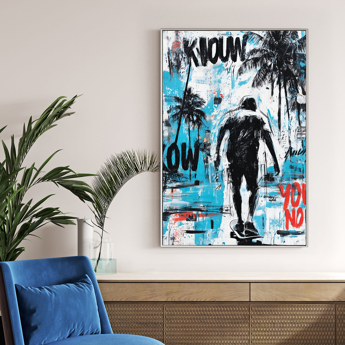 skateboarding wall art with palm trees and graffiti style elements