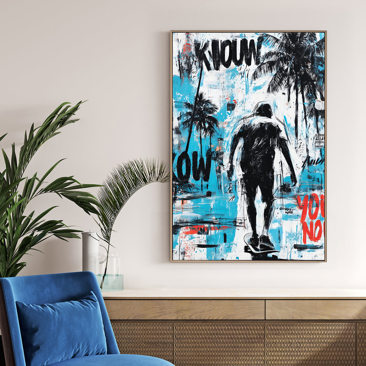 skateboarding wall art with palm trees and graffiti style elements