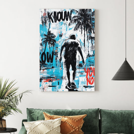 skateboarding wall art with palm trees and graffiti style elements