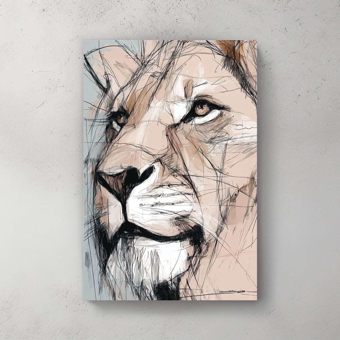 lioness portrait wall art with sketch-style detail and neutral tones