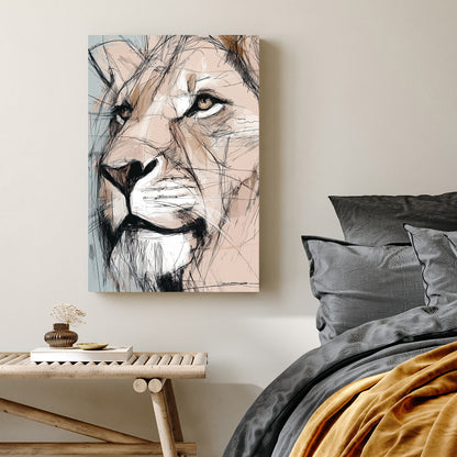 lioness portrait wall art with sketch-style detail and neutral tones