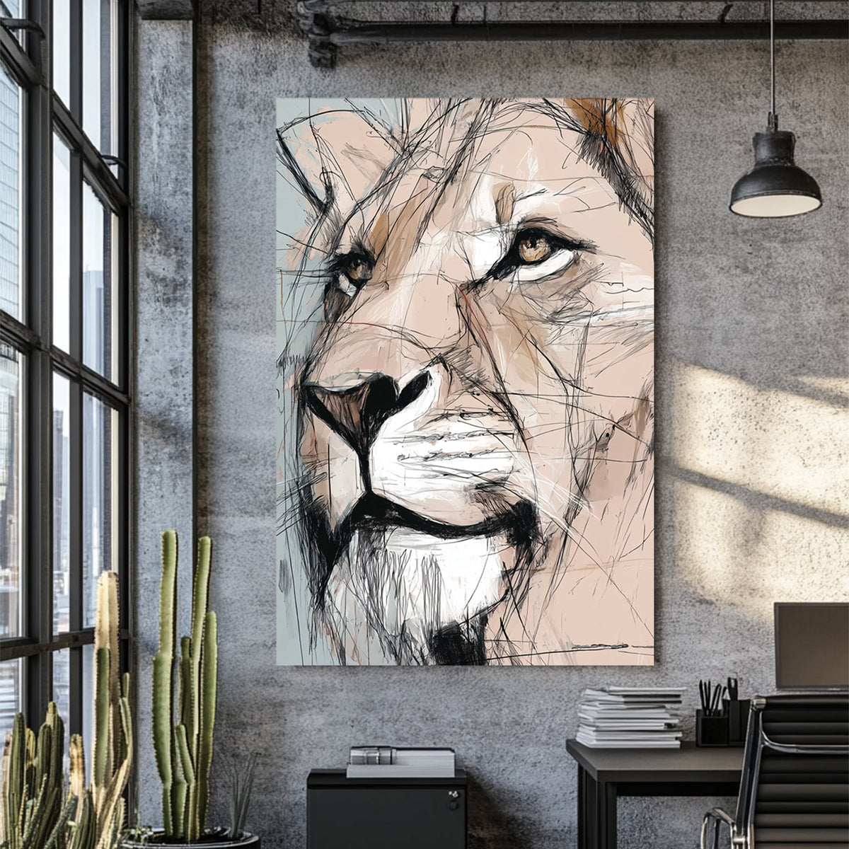 lioness portrait wall art with sketch-style detail and neutral tones
