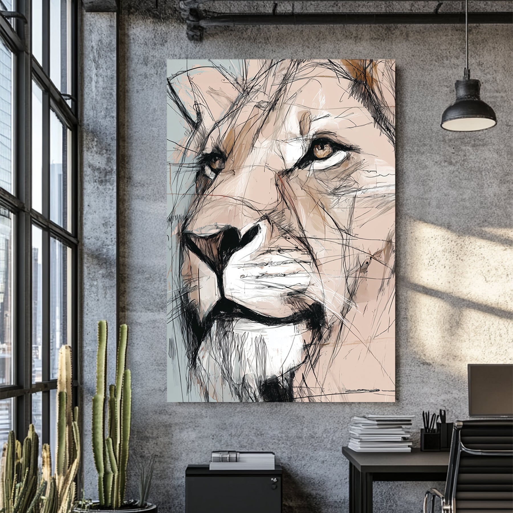 lioness portrait wall art with sketch-style detail and neutral tones