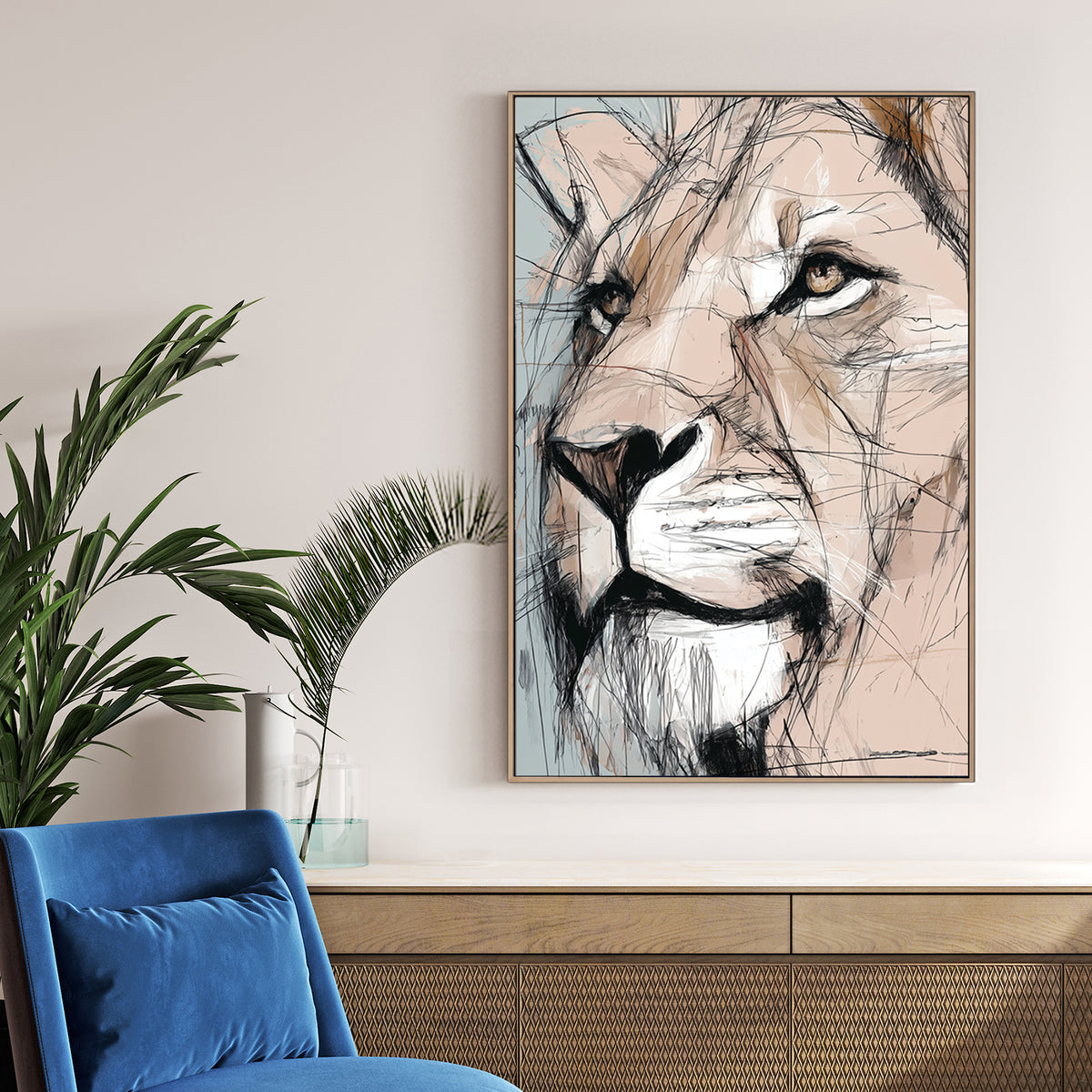 lioness portrait wall art with sketch-style detail and neutral tones