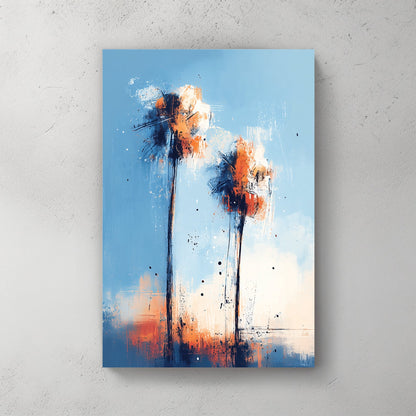 abstract palm tree wall art with blue and orange sunset tones