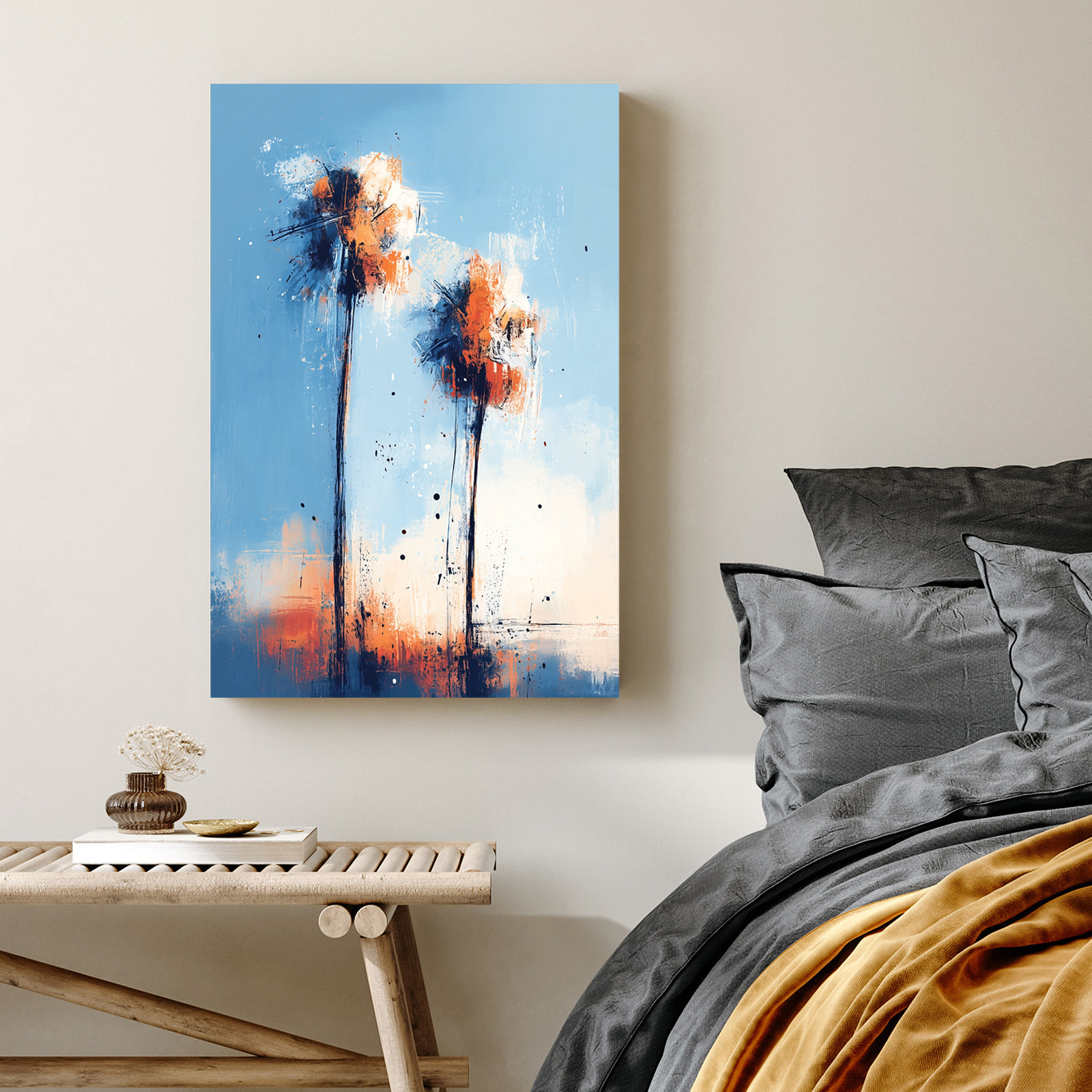 abstract palm tree wall art with blue and orange sunset tones