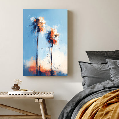 abstract palm tree wall art with blue and orange sunset tones
