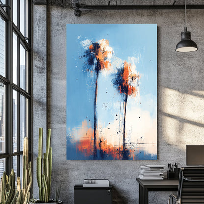 abstract palm tree wall art with blue and orange sunset tones