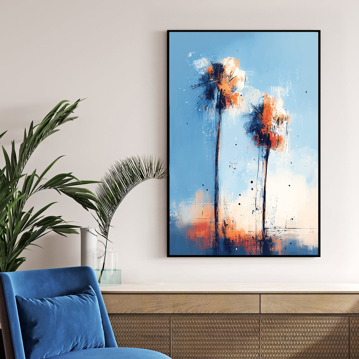 abstract palm tree wall art with blue and orange sunset tones