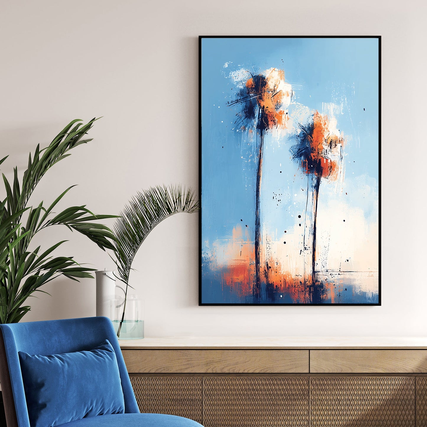 abstract palm tree wall art with blue and orange sunset tones