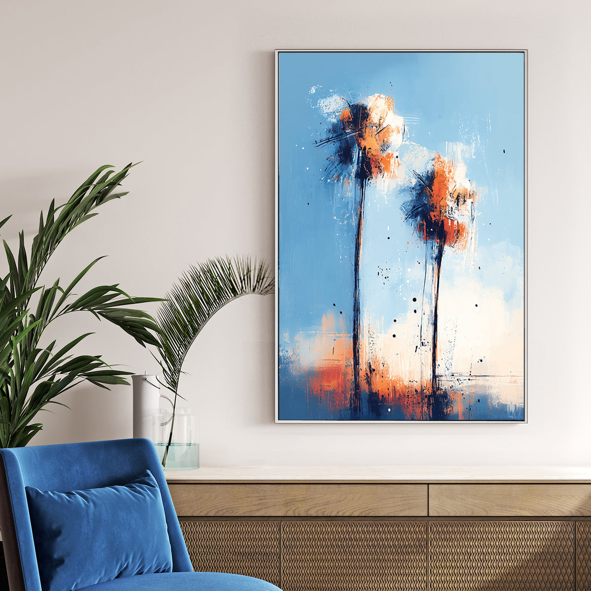 abstract palm tree wall art with blue and orange sunset tones