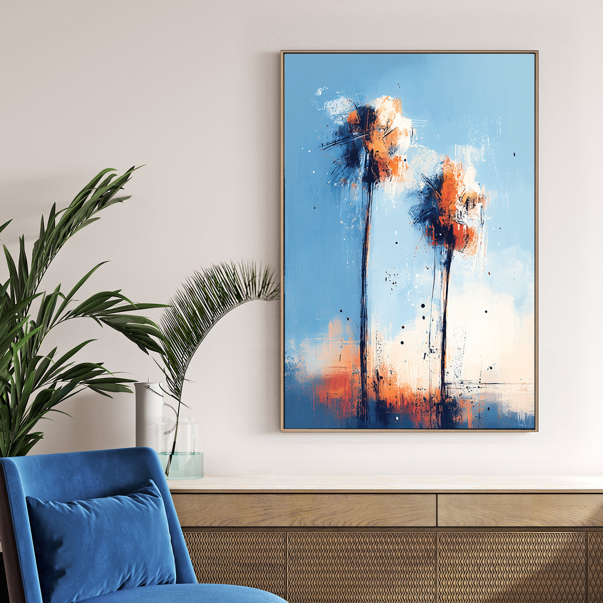 abstract palm tree wall art with blue and orange sunset tones