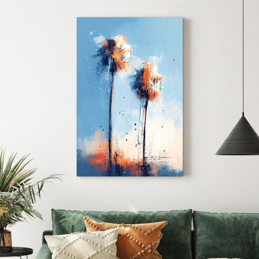 abstract palm tree wall art with blue and orange sunset tones