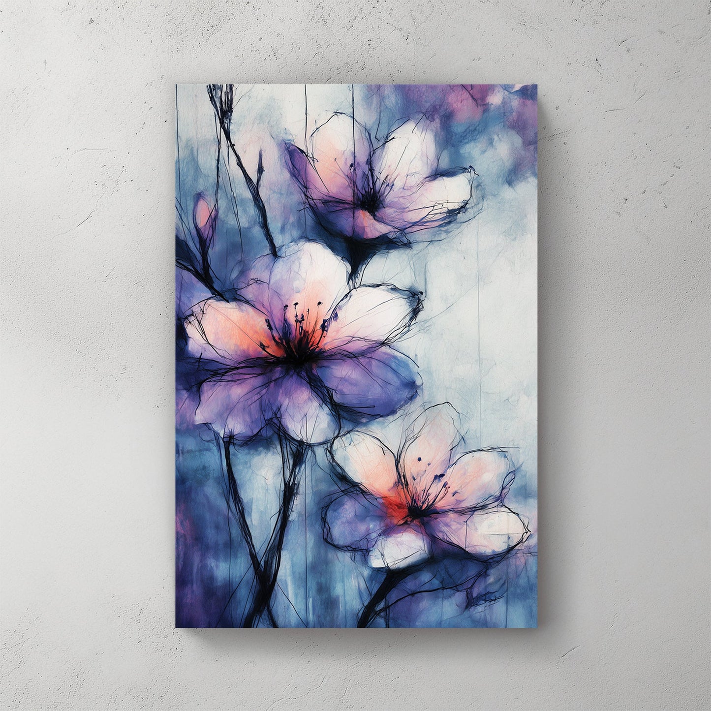 watercolour floral wall art with purple and pink tones