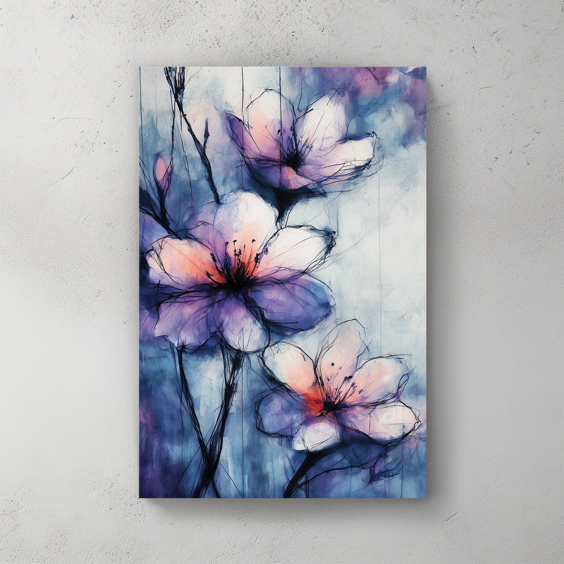 watercolour floral wall art with purple and pink tones