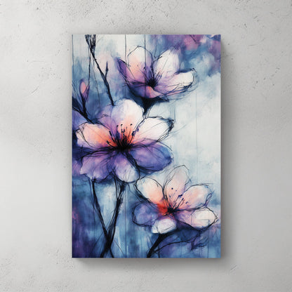 watercolour floral wall art with purple and pink tones