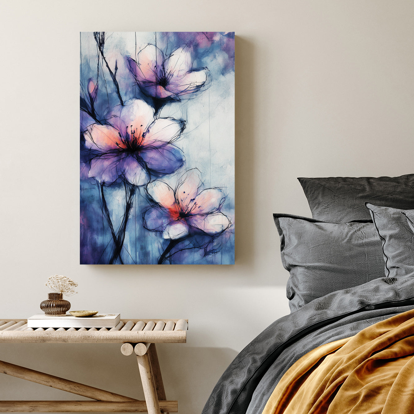 watercolour floral wall art with purple and pink tones