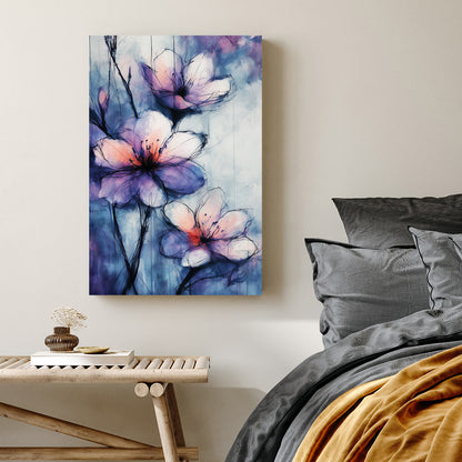 watercolour floral wall art with purple and pink tones