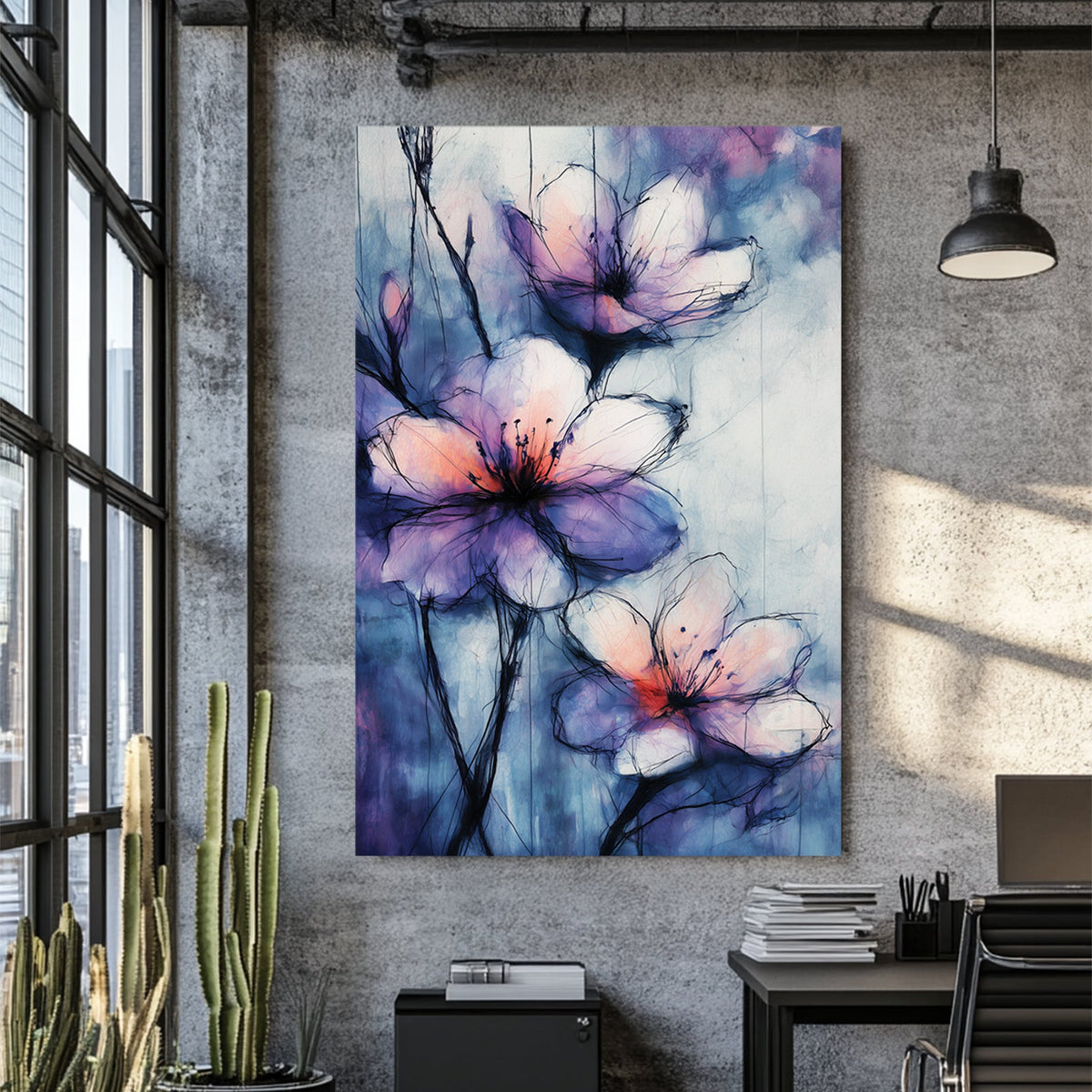 watercolour floral wall art with purple and pink tones