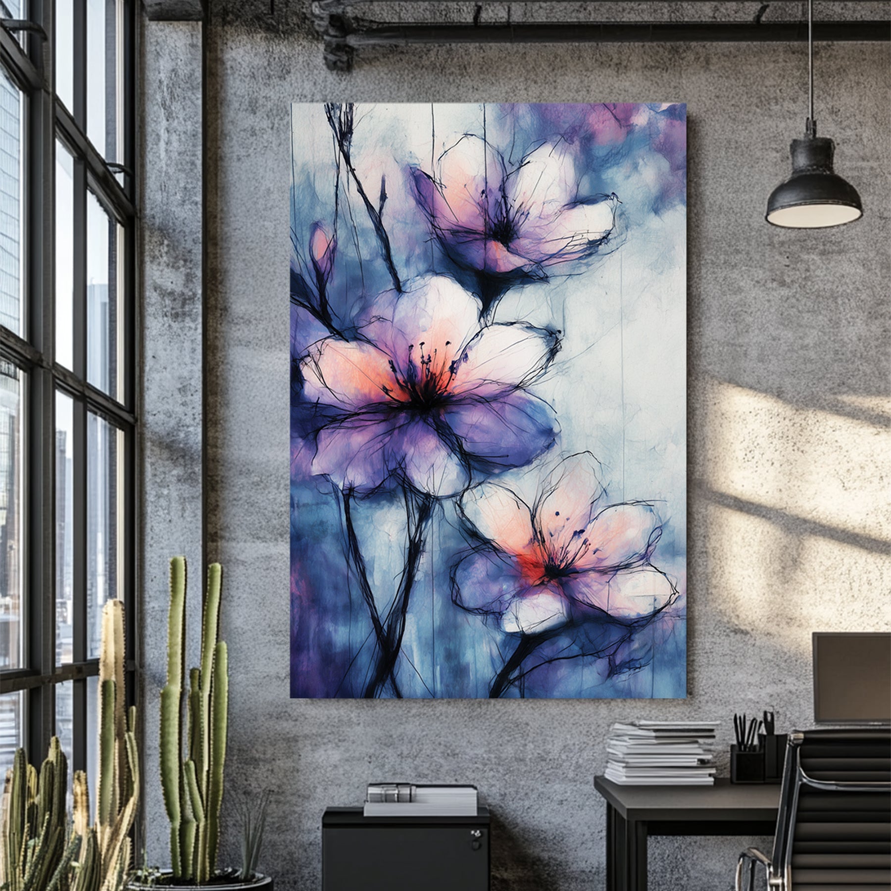 watercolour floral wall art with purple and pink tones