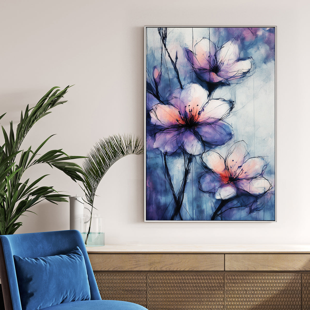 watercolour floral wall art with purple and pink tones