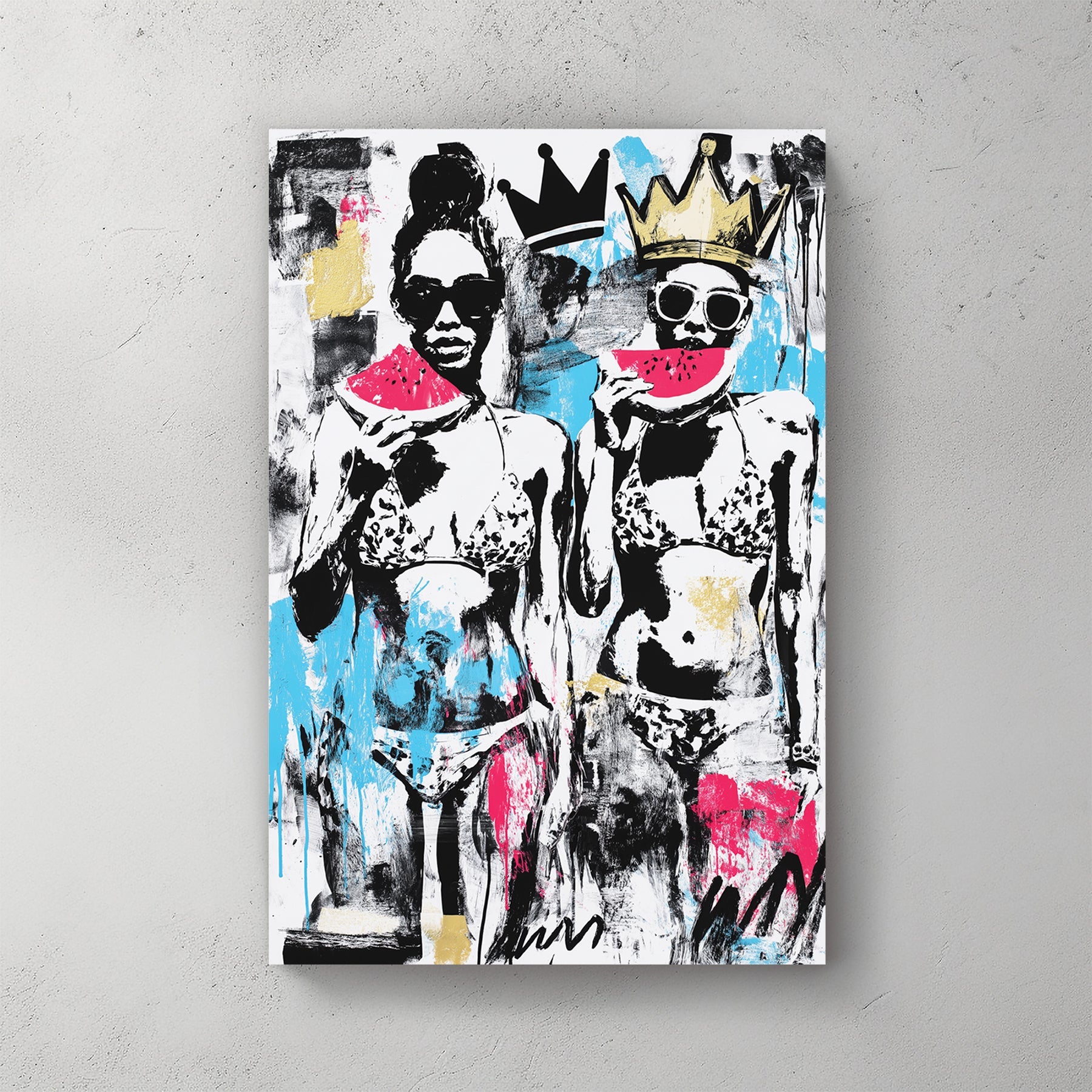 graffiti pop art of women in bikinis with watermelon and crowns