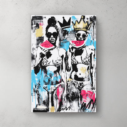 graffiti pop art of women in bikinis with watermelon and crowns