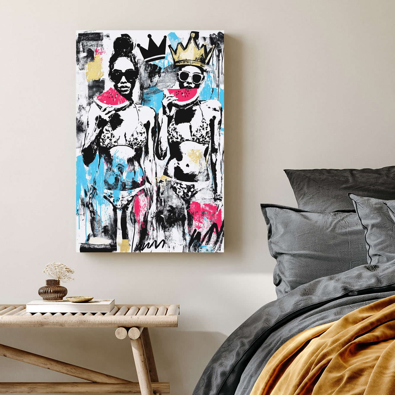 graffiti pop art of women in bikinis with watermelon and crowns