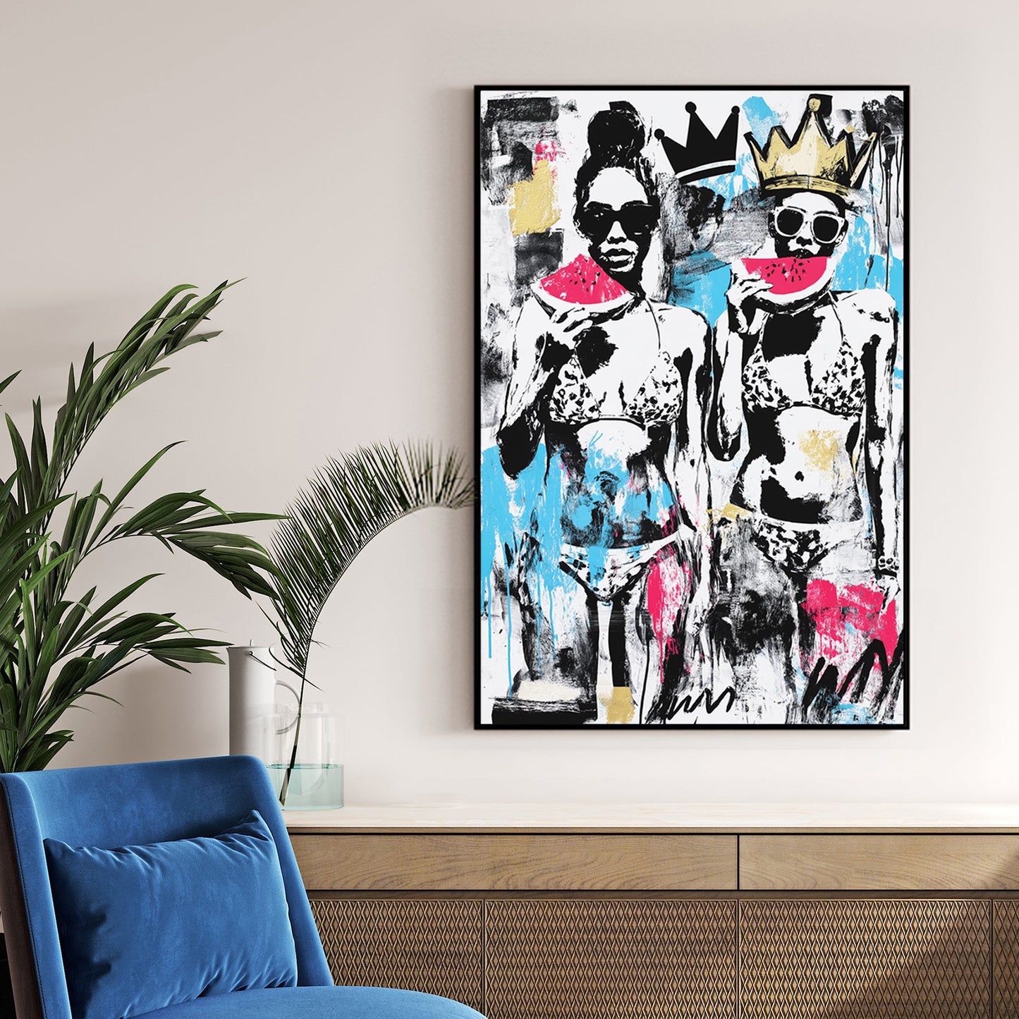 graffiti pop art of women in bikinis with watermelon and crowns