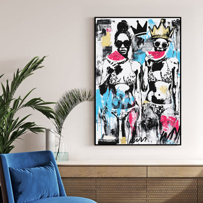 graffiti pop art of women in bikinis with watermelon and crowns