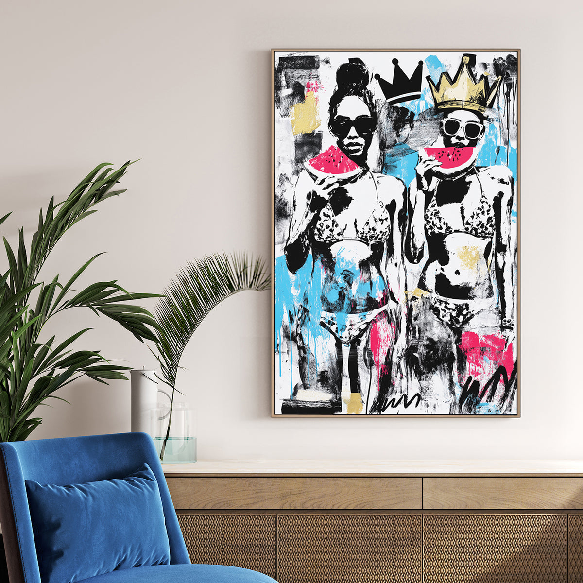 graffiti pop art of women in bikinis with watermelon and crowns