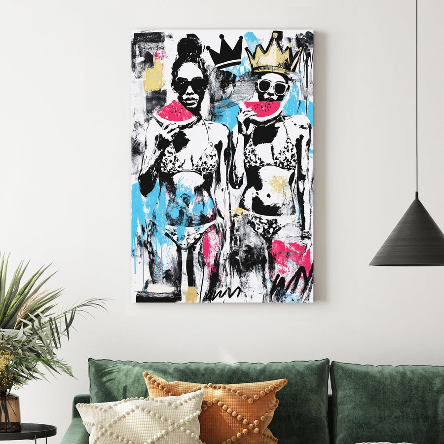 graffiti pop art of women in bikinis with watermelon and crowns