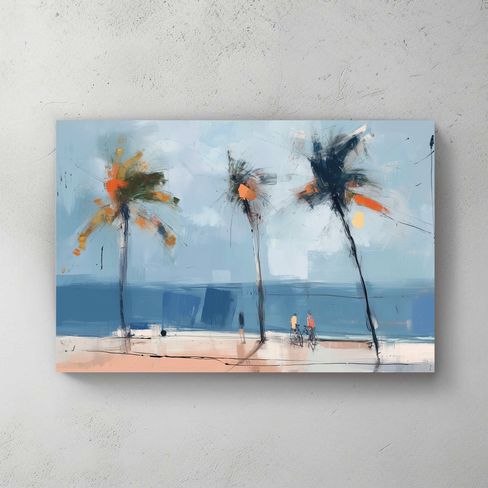 abstract beach art with palm trees and cyclists by the ocean