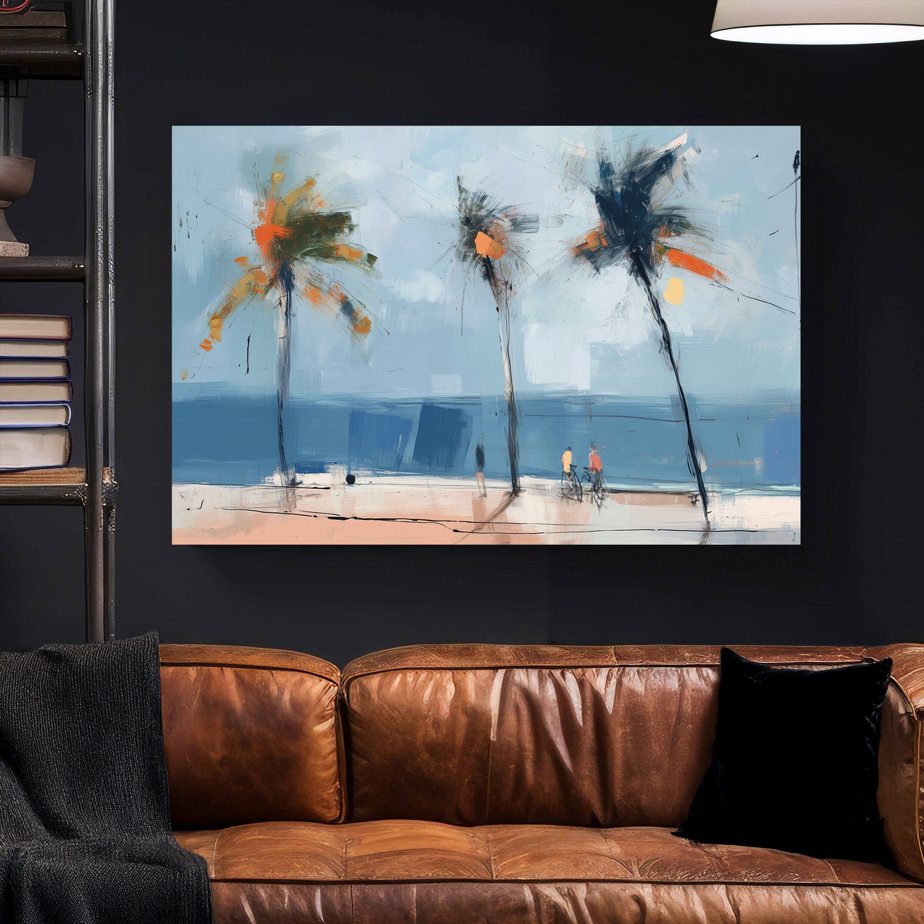 abstract beach art with palm trees and cyclists by the ocean