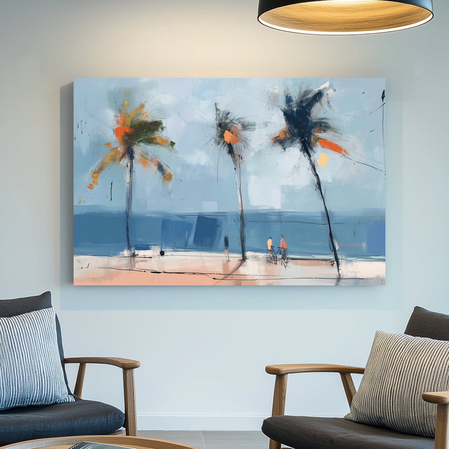 abstract beach art with palm trees and cyclists by the ocean