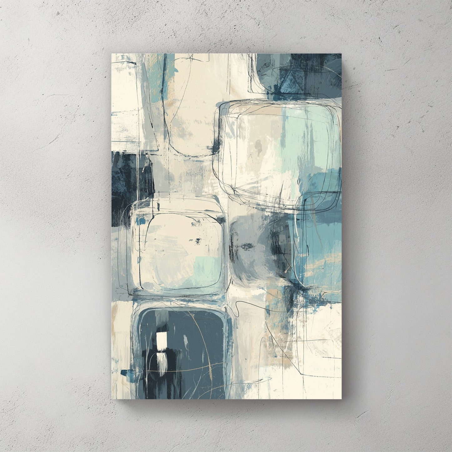 abstract geometric wall art with soft blue, cream and teal square shapes