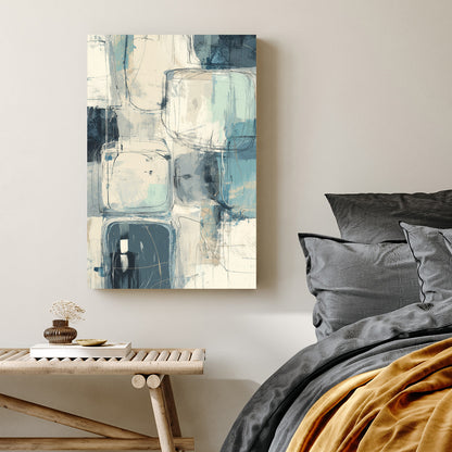abstract geometric wall art with soft blue, cream and teal square shapes