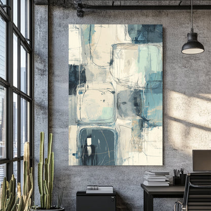 abstract geometric wall art with soft blue, cream and teal square shapes